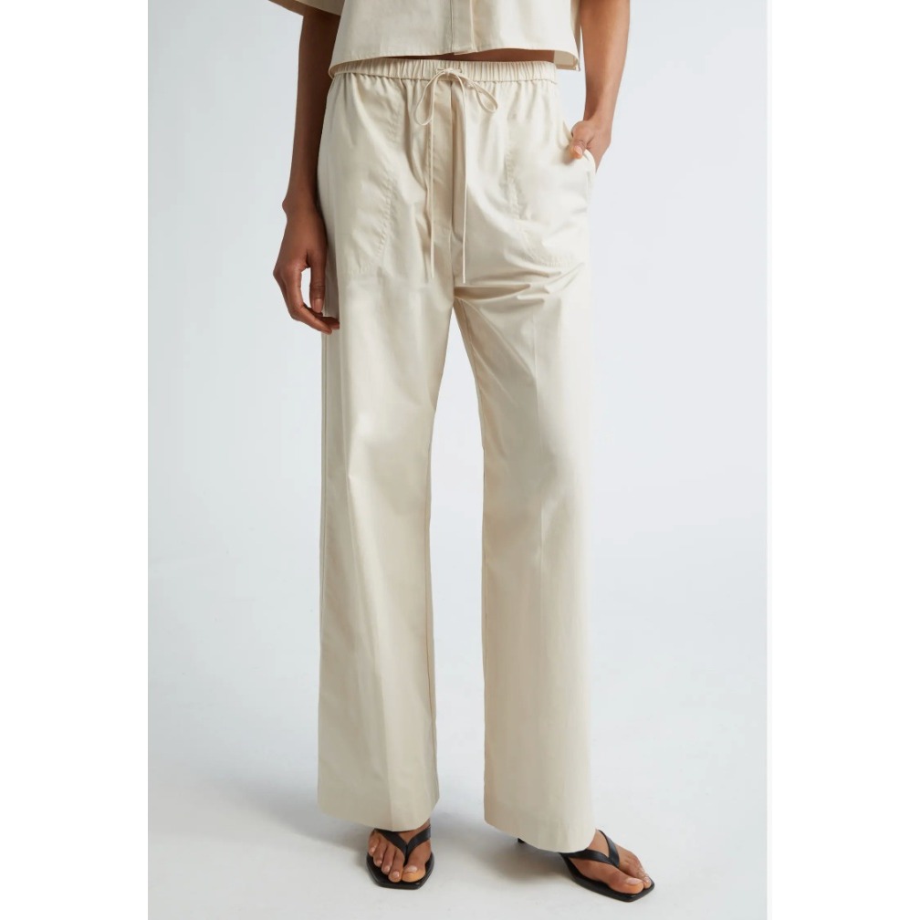 Toteme Stone Organic Cotton Poplin Drawstring Trousers Wide Leg Pant Beige 34 Xs